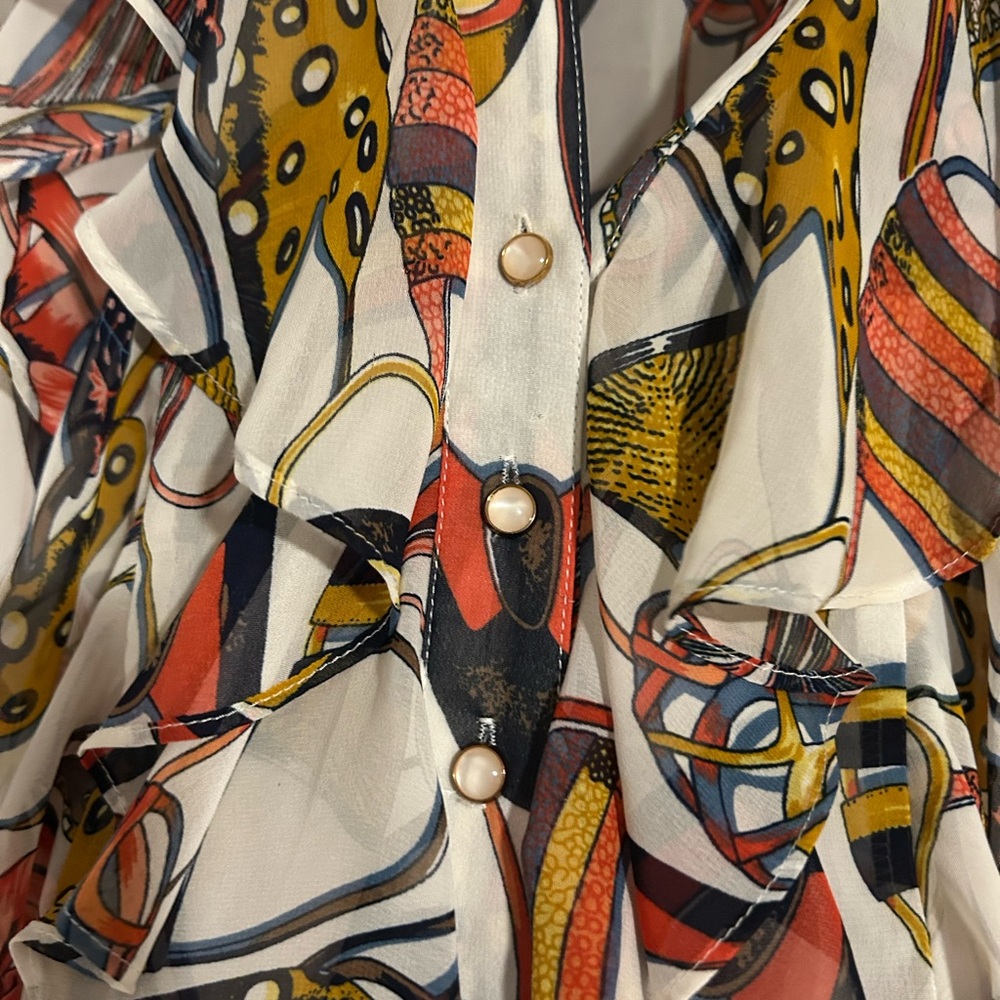 Y2K Cache Vibrant Elegant Shoe-Print Sleeveless Ruffled Button Up Blouse, Sz S - Picture 2 of 6